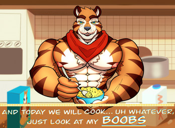 abs anthro appliance armpit_hair black_nose blue_eyes body_hair bowl cabinet cereal container cooking_pot counters ears_up food fur hair half-closed_eyes kerchief kitchen kitchen_appliance male mascot milk multicolored_body multicolored_fur muscular muscular_male narrowed_eyes neck_tuft neckerchief neckwear nipples no_shirt oven pecs solo stripes teeth tile tuft yellow_sclera timreet frosted_flakes kellogg's tony_the_tiger felid feline mammal pantherine tiger hi_res