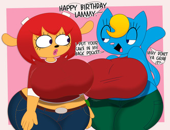 2_horns 5_fingers abstract_background anthro belt big_breasts blonde_hair blue_body blue_eyes blue_fur bottomwear breasts brown_body brown_fur clock clothing crop_top curvy_figure denim denim_bottomwear denim_clothing dialogue duo eyelashes female fingers fur green_bottomwear green_clothing green_pants hair halter_top horn huge_breasts huge_hips huge_thighs jeans lidded_eyes long_tail midriff motion_lines open_mouth open_smile pants red_clothing red_crop_top red_hair red_shirt red_topwear shirt short_hair smile tail text thick_thighs topwear voluptuous voluptuous_anthro voluptuous_female watch wide_hipped_anthro wide_hipped_female wide_hips wristwatch 3barts parappa_the_rapper sony_corporation sony_interactive_entertainment um_jammer_lammy katy_kat lammy_lamb bovid caprine domestic_cat felid feline felis mammal sheep 2026 absurd_res digital_drawing_(artwork) digital_media_(artwork) english_text hi_res