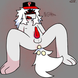 anthro anus balls blush clothing egg genitals hair hat headgear headwear long_hair male nipples nude oviposition paws penis sitting solo tail velvetcrushrr regretevator pest_(regretevator) beetle_humanoid humanoid digital_drawing_(artwork) digital_media_(artwork) hi_res