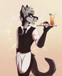 anthro beverage black_body black_fur black_nose black_tail clothed clothing countershade_face countershade_tail countershading dessert drinking_straw eyebrows food fully_clothed fur glass grey_body grey_fur grey_hair grey_tail hair holding_object looking_away male multicolored_body multicolored_fur necktie pastry pie red_eyes short_hair solo standing tail two_tone_body two_tone_fur two_tone_tail waiter shiki-kun-baka donritzu orokeu_kitsugami canid canine canis mammal wolf hi_res