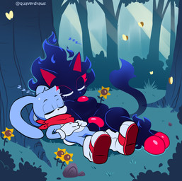 anthro blue_body blue_fur clothing cuddling duo eyelashes female fire flower footwear forest fur gem gloves handkerchief handwear kerchief male mouthless plant red_gem red_gem_in_body red_handkerchief red_kerchief red_scarf scarf shoes shrub sleeping sleeping_together tree under_tree quavernsfw sega sonic_the_hedgehog_(series) cinder_the_fire_entity fan_character proto_blaze rush_the_rabbit arthropod butterfly domestic_cat entity felid feline felis insect lagomorph lepidopteran leporid mammal rabbit hi_res