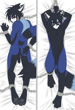 4_toes anthro anus barefoot bdsm bondage bound butt chain chained collar cuff_(restraint) dakimakura digitigrade ear_piercing erection feet genitals hands_behind_head heterochromia hindpaw industrial_piercing leash looking_at_viewer lying male nipples nude on_back on_front paws penis piercing restrained restraints shackles slave soles solo submissive submissive_male tail toes loui zero_(loui) ailurid mammal red_panda dakimakura_design flat_colors hi_res