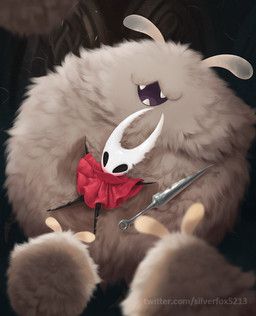 :3 ambiguous_gender antennae_(anatomy) anthro cat_smile cloak cloak_only clothing cute_fangs detailed_fur fangs female fluffy_body fur horn hornet's_needle smile teeth silverfox5213 hollow_knight:_silksong hollow_knight_(franchise) team_cherry hornet_(hollow_knight) huge_flea_(hollow_knight:_silksong) arthropod flea_(hollow_knight:_silksong) detailed hi_res