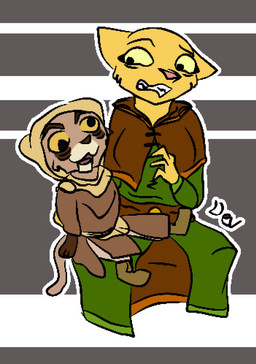ambiguous_gender anthro clothed clothed_female clothing dress duo female fur green_clothing green_dress humor puppet simple_background sitting ventriloquism beykerykt microsoft prequel_adventure the_elder_scrolls katia_managan felid khajiit mammal 2018 colored digital_drawing_(artwork) digital_media_(artwork) letterbox