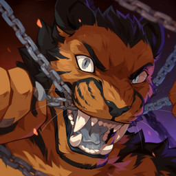 anthro arm_tuft black_hair black_markings blue_tongue chain cheek_tuft claws facial_tuft fangs finger_claws front_view fur grey_claws grey_eyes hair looking_at_viewer male male_anthro markings open_mouth orange_body orange_fur pupils short_hair shoulder_tuft simple_background slit_pupils solo teeth tongue tuft whiskers corzh77 felid mammal 1:1 bust_portrait detailed hi_res portrait
