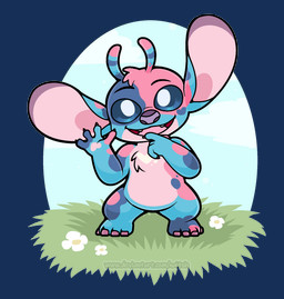 4_fingers 4_toes ambiguous_gender antennae_(anatomy) anthro biped blue_body blue_eyes blue_fur blue_pupils calico_pattern chest_markings chest_tuft ear_markings feet fingers flower front_view fur grass head_tuft looking_at_viewer markings multicolored_antennae open_mouth open_smile pawpads pink_body pink_fur pink_pawpads plant pupils purple_markings purple_nose smile smiling_at_viewer solo text toes tuft white_markings katzetsu disney lilo_and_stitch calico_(angoraram) fan_character alien experiment_(lilo_and_stitch) 2025 alpha_channel hi_res url watermark nonbinary_(lore)