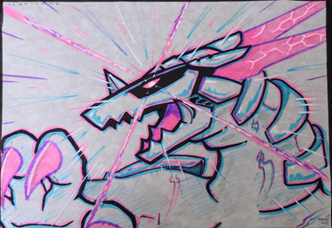 claws glistening glistening_eyes horn looking_at_viewer machine male multicolored_body pink_body pink_eyes spines white_body kraden mythology negadrake dragon hybrid mythological_creature mythological_scalie scalie 2024 hi_res