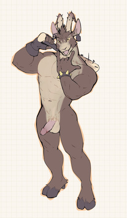 anthro balls baseball_bat bat_(object) brown_body brown_fur ear_piercing fur genitals horizontal_pupils horn humanoid_genitalia humanoid_penis male muscular muscular_male penis piercing pupils tongue tongue_out yellow_sclera jrjresq deadlock_(game) valve billy_(deadlock) bovid caprine domestic_goat goat mammal absurd_res hi_res