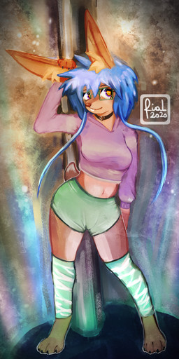 anthro barefoot blue_hair bottomwear breasts choker clothing digitigrade eyewear feet female glasses green_eyewear green_glasses hair hand_on_ear jewelry looking_aside midriff navel necklace pole shirt shorts smile solo standing topwear rial lazuli_delarosa lagomorph leporid mammal rabbit 2020 hi_res