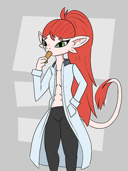 anthro clothing coat eating eating_food female hair lab_coat red_hair solo tail topwear twistednature voices_of_the_void argemia alien aquatic ariral arthropod crustacean felid feline mammal shrimp 3:4 hi_res