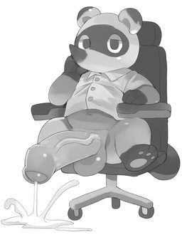 anthro balls big_penis bodily_fluids chair chibi clothing cum furniture genital_fluids genitals kemono male navel penis shirt sitting solo topwear masshiro animal_crossing nintendo tom_nook_(animal_crossing) canid canine mammal raccoon_dog tanuki 2023 monochrome