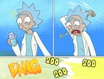 4:3 adult_swim black_eyes blue_hair cartoon_network clothing coat comic dot_eyes epic_games eyebrows fortnite hair hi_res human human_only ichduhernz lab_coat male mammal not_furry old open_mouth rick_and_morty rick_sanchez shield_potion solo tongue tongue_out topwear unibrow white_body white_skin