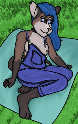anthro bedding blanket blue_hair clothing collar female grass_field hair nipple_slip overalls solo spiked_collar spikes dank-artistic-fox riley_cox mammal murid murine rat rodent hi_res