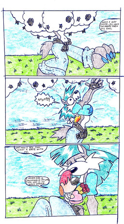 anthro blue_clothing blue_hair blue_shirt blue_topwear clothing duo female hair male outside shirt speech_bubble text topwear virus-20 wendy_wolf_(virus-20) bovid canid canine canis caprine domestic_dog mammal sheep wolf 2008 comic