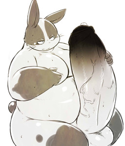 anthro balls big_penis erection genitals humanoid_hands kemono male overweight overweight_anthro overweight_male penis simple_background sitting solo white_background chiro_(artist) lagomorph leporid mammal rabbit 2015
