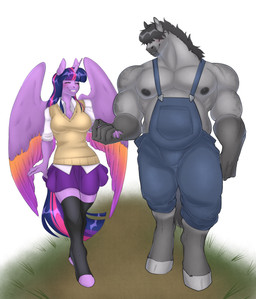 anthro bangs big_muscles big_pecs blush clothing digitigrade duo eyelashes eyes_closed feathered_wings feathers female fur grey_body grey_fur hair hair_over_eye hand_holding highlights_(coloring) hooves horn large_wings larger_male legwear long_ears long_hair love male male/female markings muscular muscular_anthro muscular_male nipples open_mouth open_smile overalls overalls_only pecs purple_body purple_feathers purple_fur purple_hair purple_highlights purple_tail romantic romantic_couple school_uniform size_difference smile spots spotted_body spotted_fur stockings tail uniform wings wingedpuppy friendship_is_magic hasbro my_little_pony mythology fan_character twilight_sparkle_(mlp) earth_pony equid equine horse mammal mythological_creature mythological_equine pony winged_unicorn absurd_res hi_res story story_in_description