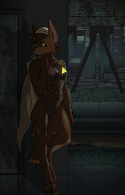 amber_eyes athletic athletic_female city cybernetics dog_tags female furniture future glowing machine nude sofa solo synthetic towel towel_on_head urban wet aleone istra canid canine canis cyborg jackal mammal