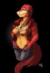 2023 anthro areola biped bottomwear breasts clothed clothing colored conditional_dnp countershading ebonychimera english_text female fingers fur furred_scalie furred_snake furry_tail genitals green_eyes hi_res jacket looking_at_viewer navel nipples non-mammal_breasts pants pussy red_areola red_body red_nipples red_tail reptile scalie simple_background smile snake solo tail text topwear undressing yellow_body yellow_countershading