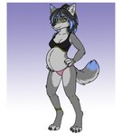 anklet anthro belly big_belly bracelet clothing ear_piercing ear_ring eyeshadow female fur grey_body grey_fur highlights_(coloring) jewelry makeup panties piercing pregnant ring_piercing shirt solo tank_top topwear underwear yellow_eyes umbrafang emmy_(umbrafang) canid canine canis mammal wolf