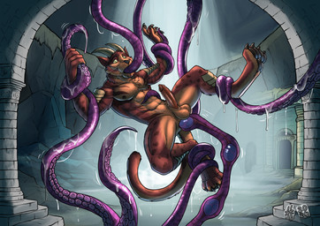 abs anal anal_penetration anthro athletic athletic_anthro athletic_male balls chest_tuft erection fur genitals green_eyes grey_horn horn humanoid_genitalia humanoid_penis hybrid_genitalia hybrid_penis inside male male_anthro nude orange_balls orange_body orange_fur pecs penetration penile_spines penis red_body red_fur red_penis sex solo spread_legs spreading tentacle_around_arm tentacle_around_leg tentacle_in_ass tentacle_penetration tentacle_sex tentacles tuft hufnaar ojai_(dataderg) felid mammal 2024 dated hi_res