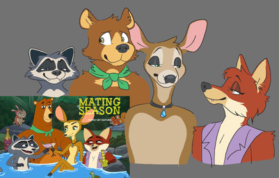 anthro black_choker black_inner_ear black_jewelry black_necklace black_nose blue_eyes brown_body brown_fur choker fangs female fur glistening_eyelids green_eyes green_kerchief green_neckerchief grey_background grey_body grey_fur group half-closed_eyes jewelry kerchief male narrowed_eyes neckerchief necklace neckwear orange_eyes pink_inner_ear simple_background smug snout tan_body tan_fur tan_inner_ear teeth yellow_eyes dyyrlysh mating_season_(series) fawn_(mating_season) josh_(mating_season) penelope_(mating_season) ray_(mating_season) bear canid canine deer fox mammal procyonid raccoon red_fox true_fox 2026 aliasing aseprite_(artwork) digital_drawing_(artwork) digital_media_(artwork) flat_colors hi_res reference_image