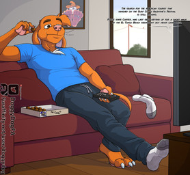4_toes anthro barefoot biped bottomwear claws clothed clothing detailed_background dialogue duo eating extreme_size_difference feet foot_fetish foot_focus foot_play footwear fully_clothed fur furniture inside low-angle_view male male/male male_anthro micro one_sock one_sock_on orange_body orange_fur pants pawpads paws shirt size_difference socks sofa soles speech_bubble sweatpants text toe_claws toes topwear underfoot watching_television doggydog doggydog_(character) beagle canid canine canis domestic_dog hunting_dog mammal scent_hound 2025 english_text hi_res