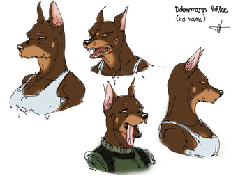 angry anthro bare_shoulders black_nose black_text breasts brown_body brown_ears brown_fur clothed clothed_anthro clothed_female clothing collar dark_body dark_fur eyebrows fangs female fur glistening glistening_eyes green_clothing green_collar green_uniform half-closed_eyes light_body light_fur looking_forward monotone_background mouth_closed multicolored_body multicolored_fur narrowed_eyes open_mouth open_smile pink_inner_ear pink_tongue pointy_ears prick_ears pupils serious shirt simple_background smile snout solo tan_body tan_eyebrows tan_fur tank_top teeth text thick_eyebrows thick_neck three-quarter_view tongue tongue_out topwear two_tone_body two_tone_fur uniform white_background white_clothing white_shirt white_tank_top white_topwear yellow_sclera churroz canid canine canis dobermann domestic_dog mammal pinscher 2026 4:3 digital_drawing_(artwork) digital_media_(artwork) english_text hi_res signature species_name