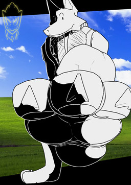 3_toes anthro claws dot_eyes eyebrows feet foot_fetish foot_focus looking_at_viewer low-angle_view male pawpads plantigrade_pawpads raised_eyebrow simple_eyes smile solo toe_claws toes white_body white_ears flushedspace bliss_(image) microsoft microsoft_windows windows_xp canid mammal absurd_res hi_res