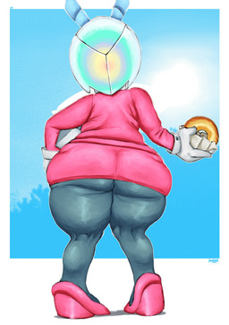 antennae_(anatomy) anthro back_fat big_butt butt clothing cuffs_(clothing) dessert doughnut dress female female_anthro food footwear gloves hand_on_hip handwear headgear high_heels holding_doughnut huge_hips long_sleeve_dress long_sleeves pastry pink_clothing pink_dress pink_footwear pink_high_heels rear_view shoes simple_background slightly_chubby slightly_chubby_anthro slightly_chubby_female solo thick_thighs white_clothing white_gloves white_handwear wide_hips slamgrene idw_publishing sega sonic_the_hedgehog_(comics) sonic_the_hedgehog_(idw) sonic_the_hedgehog_(series) jewel_the_beetle arthropod 2026 absurd_res dated hi_res signature