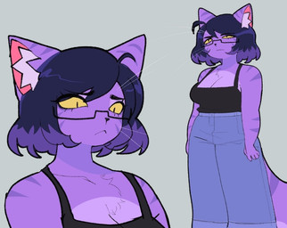 ahoge anthro bangs black_clothing black_hair black_shirt black_tank_top black_topwear bottomwear breasts chest_tuft cleavage clothed clothing denim denim_bottomwear denim_clothing eyelashes eyewear female fur glasses grey_background hair inner_ear_fluff jeans markings multiple_poses pants pose purple_body purple_fur rectangular_glasses shirt short_hair simple_background solo striped_markings stripes tail tank_top topwear tuft whiskers yellow_sclera dvampiresmile molly_(dvampiresmile) domestic_cat felid feline felis mammal 2025