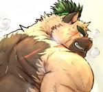 anthro blush bodily_fluids brown_body brown_fur fur kemono male overweight overweight_anthro overweight_male scar solo sweat kotobuki lifewonders tokyo_afterschool_summoners yasuyori_(tas) canid canine canis domestic_dog mammal 2020