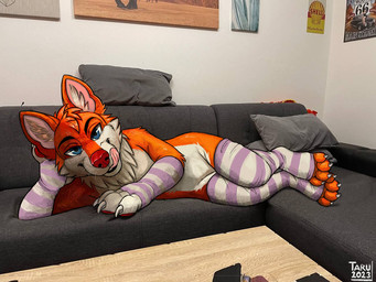 anthro femboy furniture harness licking licking_lips looking_at_viewer lying male on_side sofa solo tongue tongue_out tarumeow canid canine fox mammal 4:3 draw_over