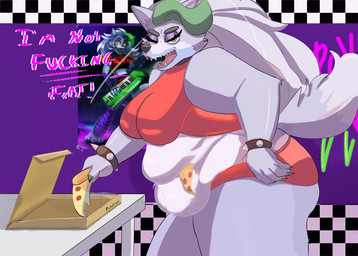 angry anthro belly belly_overhang big_belly big_breasts box bracelet breasts clothed clothing container eyeshadow female food fur furniture green_hair hair huge_hips huge_thighs jewelry machine makeup nipple_outline overweight overweight_anthro overweight_female pizza pizza_box poster purple_body purple_eyeshadow red_clothing solo table tail text thick_thighs wide_hips yelling pickleticklr five_nights_at_freddy's five_nights_at_freddy's:_security_breach scottgames steel_wool_studios roxanne_wolf canid canine mammal robot absurd_res hi_res