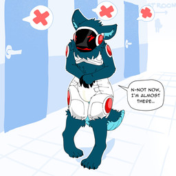4_toes ambiguous_gender anthro bathroom black_claws blue_body blue_fur blue_inner_ear blue_tail claws clean_diaper clothed clothing dialogue diaper diaper_only digitigrade door door_handle ellipsis feet finger_claws fur hand_on_diaper machine multicolored_body narrowed_eyes omorashi protogen_visor public_restroom solo speech_bubble standing tail text toe_claws toes topless touching_diaper wavy_mouth wearing_diaper wetness_indicator white_body white_diaper kaaski heinrich_(owlloverhoot) protogen 1:1 english_text full-length_portrait hi_res portrait