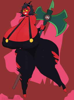 2_toes 4_fingers axe big_breasts breasts clothed clothing feet female fingerless_gloves fingers gloves handwear huge_breasts melee_weapon not_furry red_body red_skin solo toes weapon yellow_sclera stemingbunbun hellaverse helluva_boss millie_(helluva_boss) demon humanoid imp 2022 absurd_res hi_res
