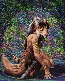 anthro biped dagger fantasy female grey_hair hair jewelry melee_weapon sitting solo tail unimpressed weapon susan_van_camp canid canine canis mammal wolf 2007 digital_media_(artwork) digital_painting_(artwork) full-length_portrait painting_(artwork) portrait