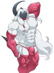 abs anthro anthrofied armwear balls_outline bulge clothed clothing detailed_bulge fur genital_outline legwear male muscular muscular_anthro muscular_male nipples pecs red_armwear red_clothing red_legwear solo stockings thong topless underwear white_body white_fur maldu nintendo pokemon ashu_(impious) absol generation_3_pokemon pokemon_(species) absurd_res hi_res