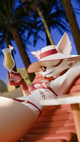 anthro beverage bikini breasts clothing female fur hat headgear headwear holding_beverage holding_object looking_at_viewer low-angle_view lying on_back one_eye_closed red_bikini red_clothing red_swimwear slim small_breasts swimwear two-piece_swimsuit white_body white_fur wink winking_at_viewer foxdee_foxtail fany_(foxdee) canid canine fox mammal 3d_(artwork) 3d_animation 9:16 animated digital_media_(artwork) hi_res no_sound short_playtime video