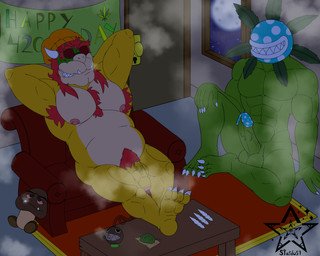 420_(number) balls clothing drugs eyewear fangs foreskin genitals green_body hair hat headgear headwear long_hair male marijuana marijuana_leaf musclegut muscular nipples nude penis plant pubes red_hair smoke stoned substance_intoxication sunglasses teeth vein veiny_penis yellow_body fafnir_stardust_(artist) mario_bros nintendo bowser chain_chomp dragon_koopa elemental_creature flora_fauna goomba koopa piranha_plant scalie 5:4 hi_res