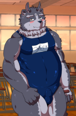 3_eyes 4_ears 5_fingers amber_eyes anthro arm_tuft barazoku belly biceps biped black_nose blue_clothing blue_swimwear blush bodily_fluids brown_pawpads bulge chair cheek_tuft classroom clothing collarbone countershade_arms countershade_face countershade_torso countershading desk detailed_bulge embarrassed erection facial_tuft fangs fingers fist front_view frown fur furniture genital_outline genitals grey_body grey_countershading grey_fur half-closed_eyes head_tuft humanoid_hands inner_ear_fluff inside japanese kemono looking_at_viewer male moobs multi_ear multi_eye musclegut muscular muscular_anthro muscular_male muscular_thighs narrowed_eyes neck_tuft one-piece_swimsuit pawpads penis penis_outline school school_swimsuit solo standing sweat sweatdrop swimwear table teeth text text_on_clothing text_on_swimwear thick_thighs tuft window mist_billow7 lifewonders tokyo_afterschool_summoners tsathoggua_(tas) canid canine mammal 2017 digital_media_(artwork) hi_res japanese_text portrait three-quarter_portrait translated