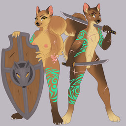 animal_genitalia anthro balls breasts duo female genitals looking_at_viewer male melee_weapon nipple_piercing nipples nude piercing scar sheath shield simple_background smile standing sword tattoo vulva weapon blvejay mammal rodent sciurid tree_squirrel 1:1 2021 absurd_res hi_res