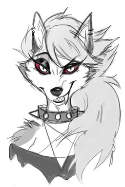 anthro arm_tuft bangs bare_shoulders black_nose breasts cheek_tuft collar cut_ear ear_piercing ear_ring eyebrow_through_hair eyebrows eyelashes eyeliner facial_tuft fangs female fur grey_body grey_fur grey_hair hair harness long_hair looking_at_viewer makeup multicolored_body multicolored_fur occult_symbol pentagram pentagram_harness piercing pupils red_sclera ring_piercing sharp_teeth simple_background smile solo spiked_collar spikes symbol teeth translucent translucent_hair tuft two_tone_body two_tone_fur white_background white_body white_fur white_pupils arylena hellaverse helluva_boss mythology loona_(helluva_boss) canid canid_demon canine demon hellhound mammal mythological_canine mythological_creature bust_portrait hi_res portrait