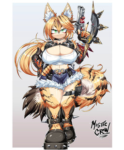 anthro armwear belt big_breasts blonde_hair bottomwear breasts choker cleavage clothed clothing crop_top denim denim_bottomwear denim_clothing denim_shorts eyebrows eyelashes female fingerless_gloves footwear fur glistening glistening_body glistening_breasts gloves green_eyes gun hair hand_on_hip handgun handwear inner_ear_fluff jacket jewelry legband midriff neck_tuft necklace ponytail ranged_weapon revolver shirt shoes shorts solo stripes tan_body tan_fur thick_thighs thighband topwear tuft weapon wide_hips yellow_body yellow_fur misticcrow mihoyo zenless_zone_zero pulchra_fellini felid feline felis mammal thiren 2026 hi_res