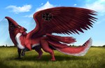 ambiguous_gender beak cloud cross day feral forearms grass holding_object iron_cross looking_back plant pose red_wings scaled_forearms scales solo spread_wings wings spacedragon14 mythology red_baron terror_(terrorwing) avian gryphon mythological_avian mythological_creature male_(lore)