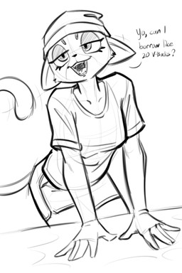 5_fingers anthro biped bottomwear breasts clothed clothed_anthro clothed_female clothing dialogue female fingers front_view fully_clothed fully_clothed_anthro fully_clothed_female fur hait looking_at_viewer open_mouth open_smile pants shirt simple_background smile solo standing t-shirt tail teeth text tongue topwear white_background advos epic_games fortnite meow_skulls domestic_cat felid feline felis mammal 2026 2:3 digital_drawing_(artwork) digital_media_(artwork) english_text hi_res monochrome