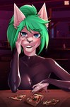 anthro biped blue_eyes breasts card_deck clothed clothing detailed_background female furniture green_hair hair inside sitting solo table zipper moddish felid feline mammal 2022 absurd_res hi_res