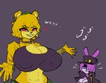 anthro big_breasts breasts clothed clothing collar crossgender duo ear_piercing ear_ring female hat headgear headwear heart_symbol huge_breasts lipstick makeup piercing pupils red_eyes ring_piercing slit_pupils stormkinght five_nights_at_freddy's fredina's_nightclub jojo's_bizarre_adventure scottgames bonnie_(cally3d) bonnie_(fnaf) dio_brando fredbear_(fnaf) jotaro_kujo bear lagomorph leporid mammal rabbit