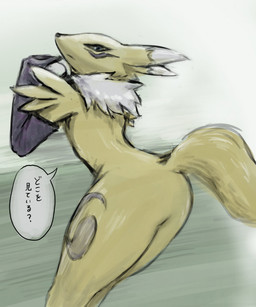 ambiguous_gender anthro armwear blue_eyes bridal_gauntlets clothing dipstick_ears ear_markings fur looking_at_viewer looking_back multicolored_ears neck_tuft simple_background solo speech_bubble tail text thick_thighs tomoe_(symbol) tuft white_body white_fur yellow_body yellow_fur mas_square bandai_namco digimon digimon_(species) mammal renamon 2025 hi_res japanese_text