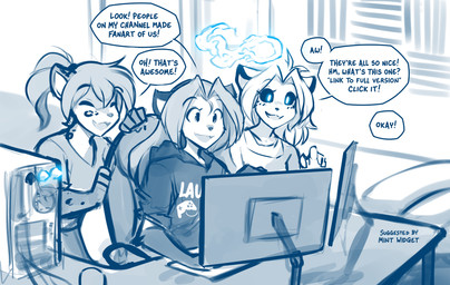 anthro black_sclera chair clothed clothing computer dialogue electronics eyes_closed female furniture glowing glowing_eyes group hair hoodie monitor open_mouth open_smile ponytail sitting smile table text topwear trio conditional_dnp tom_fischbach twokinds kathrin_vaughan laura_(twokinds) willow_wisp canid canine felid fox hybrid keidran lion mammal pantherine red_fox spirit true_fox will-o'-the-wisp 2022 adobe_photoshop_(artwork) blue_and_white digital_media_(artwork) english_text hi_res monochrome sketch