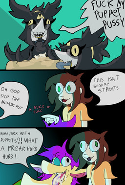 :3 black_body black_hair black_sclera bodily_fluids cum dominant dominant_female fellatio female first_person_view forced genital_fluids group group_sex hair licking makeup male male/female oral penetration penile puppet sex silly submissive submissive_male text tongue vaginal vaginal_penetration shizameakanzatsu european_mythology greek_mythology mythology avian harpy human inanimate_object mammal mythological_avian mythological_creature absurd_res comic hi_res